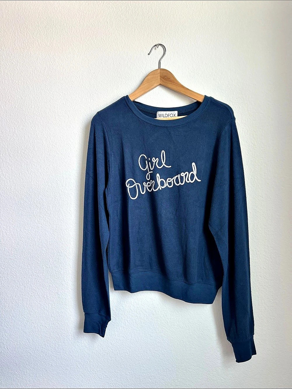 Wildfox Girl Overboard Sweatshirt Graphic Sweatshirt Blue Small
